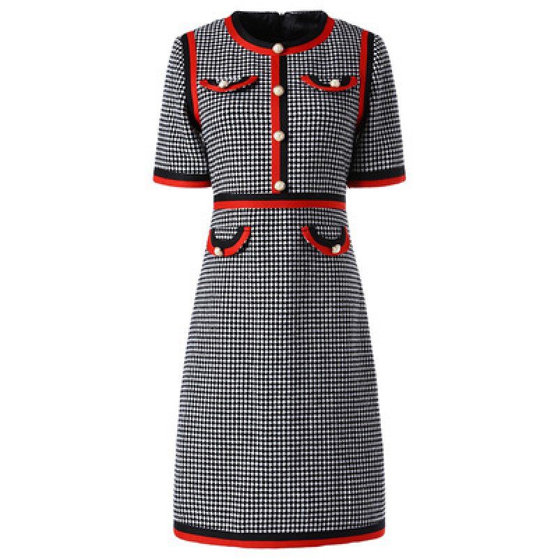 画像1: Women's round neck checkdress  ラウンドネック膝丈ドレス　ワンピース (1)