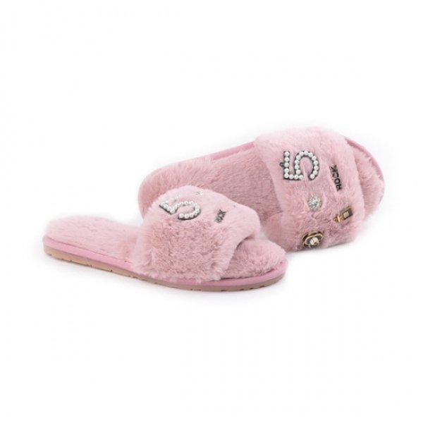 画像1: women ’s warm home indoor flat plush sandals with flat Slipper sandal フワモコ飾りがいっぱいフラットサンダルスリッパ　 (1)