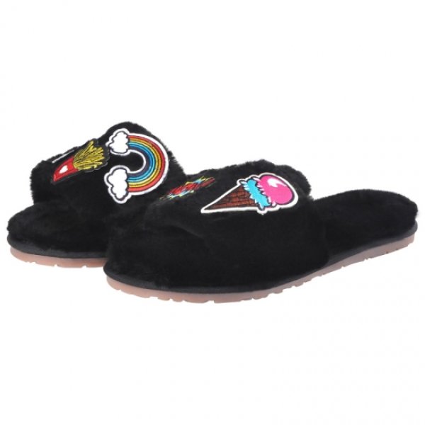 画像1: women ’s warm home indoor flat plush sandals with flat Slipper flat sandal フワモコポップな刺繍付フラットサンダルスリッパ　 (1)