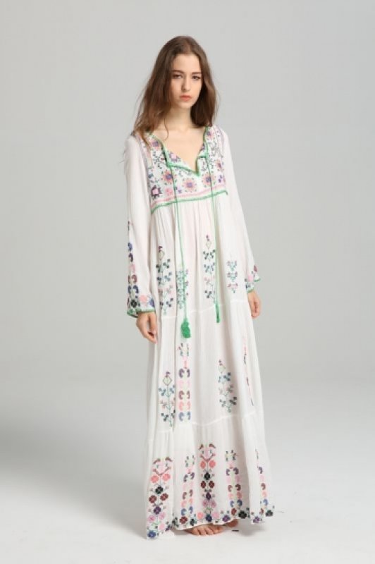 画像2: women's bohemian embroidered flower dress one piece ボヘミアン刺繍ロングマキシドレス　ワンピース (2)