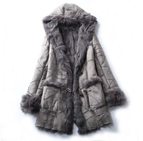 画像1: Women Real Sheep Skin Patchwork Mouton Fur Hoodie Jacket Coat リアルシープスキンパッチワークムートンファーフード付コートダッフル型 (1)