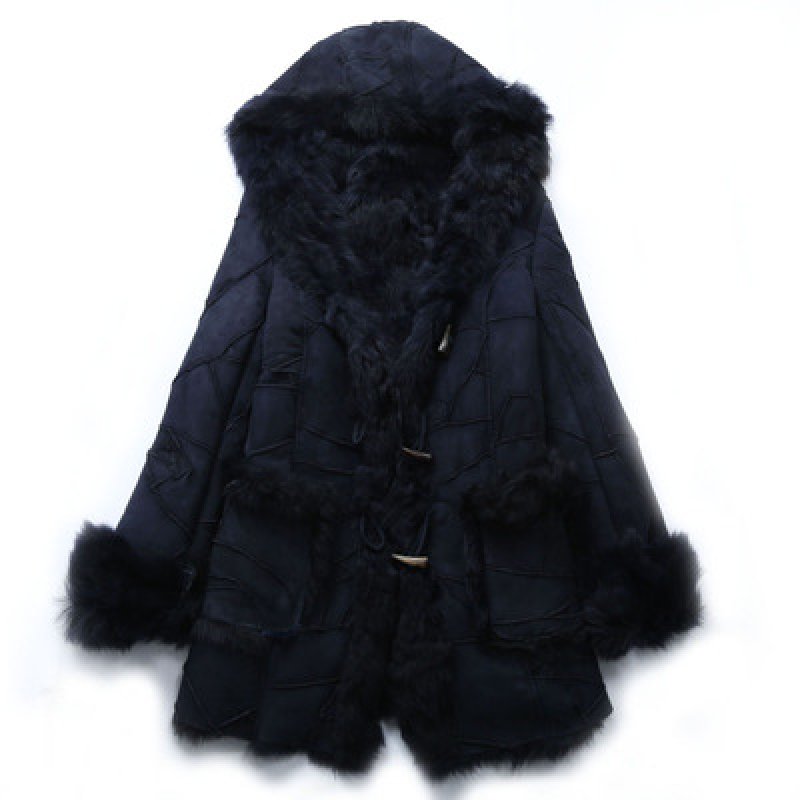 画像2: Women Real Sheep Skin Patchwork Mouton Fur Hoodie Jacket Coat リアルシープスキンパッチワークムートンファーフード付コートダッフル型 (2)