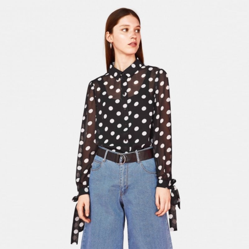 画像4: Dot pattern cuff band ribbon blouse shirt ドットプリント袖口帯ボウ付きブラウス シャツプラスサイズあり (4)