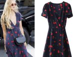 画像3: women's cherry print wrap long skirt puff leeves one piece dress チェリー柄ラップドレス　ワンピース　 (3)