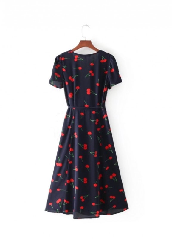 画像5: women's cherry print wrap long skirt puff leeves one piece dress チェリー柄ラップドレス　ワンピース　 (5)