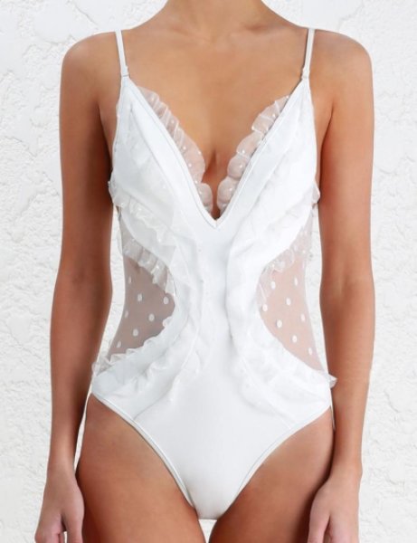 画像1: Lace see-through White Dot Monokini Vintage One Piece Swimsuit レトロなヴィンテージ風ドット水玉ホワイトモノキニワンピース水着スイムウェア (1)