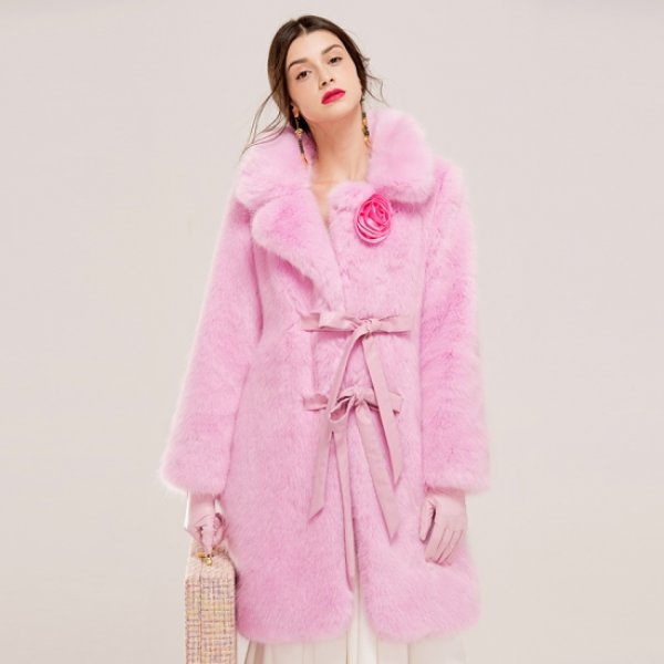 Women Pink Real Fox Fur long Coat Jacket リアルフォックスファー ...