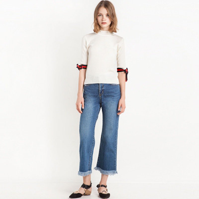 画像2: Ribbon Bow Sleeve Sweater 袖のリボンがポイントの5分袖ニット セーター プルオーバー (2)