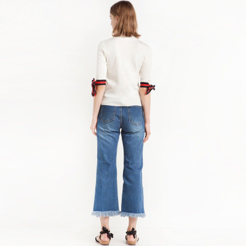 画像3: Ribbon Bow Sleeve Sweater 袖のリボンがポイントの5分袖ニット セーター プルオーバー (3)