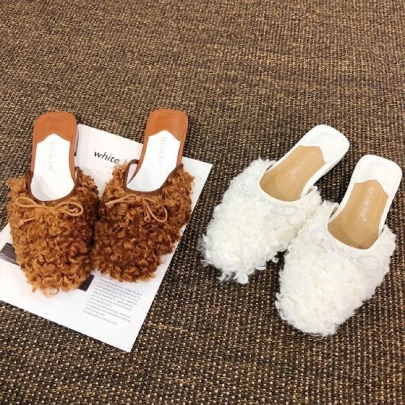 画像4: women ’s Sheep roll fur slippersフワモコ羊毛カールのフラットミュールサンダルスリッパパンプス　 (4)