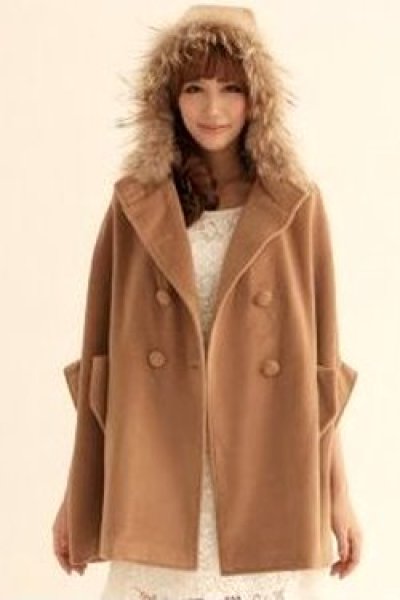 画像1: Cape coat with fur hoodie (1)