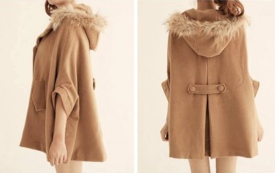 画像1: Cape coat with fur hoodie