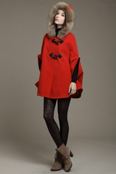 画像1: Ribbon Cape coat with fur hoodie