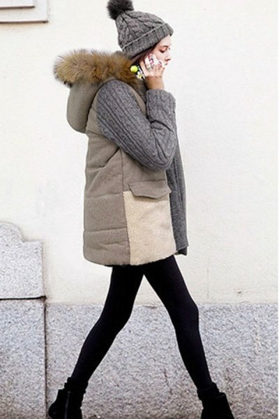 画像1: Knit coat with fur hoodie (1)