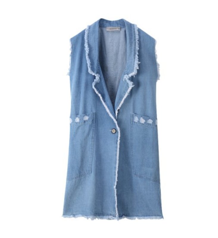 画像3: デニム インディゴ フリンジ バックロゴ入り ロングベスト  (3)