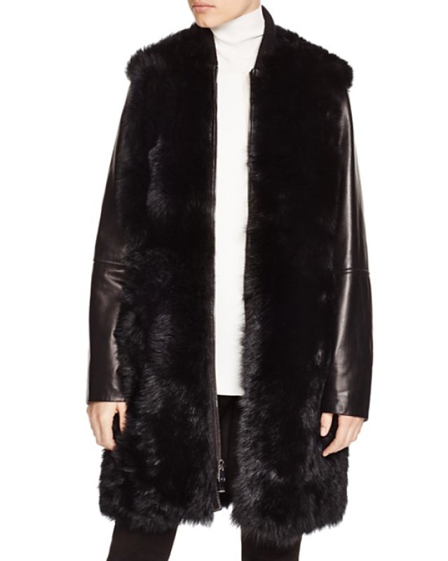 画像2: ブラックトスカーナムートンシープスキン＆ファーロングコート　ジャケット (2)