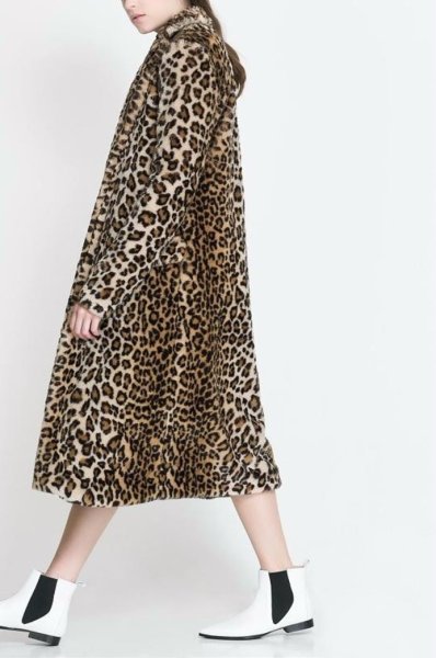 画像1: レオパード ヒョウ柄 豹柄 ロングファーコート　プラスサイズあり Leopard Fake Fur Coat (1)