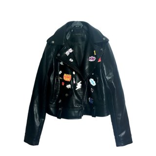 フローラル花柄刺繍付レザーライダースジャケット ブルゾン