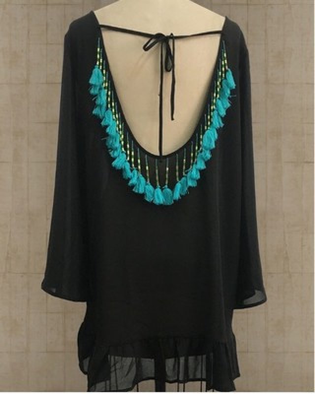 画像10: Women's Beach cover up Back fringed dress  バックフリンジ付カバーアップドレス　ブラウス　スウィムスーツ水着に (10)