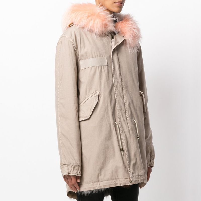 画像9: Woman's Raccoon Fox Fur Collar Zipper Hooded  Coat  ニューカラー リアルファーフード&ライナー付ミリタリーモッズコート (9)