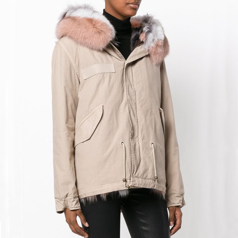 画像2: Woman's Raccoon Fox Fur Collar Zipper Hooded  Coat  ニューカラー リアルファーフード&ライナー付ミリタリーモッズコート (2)