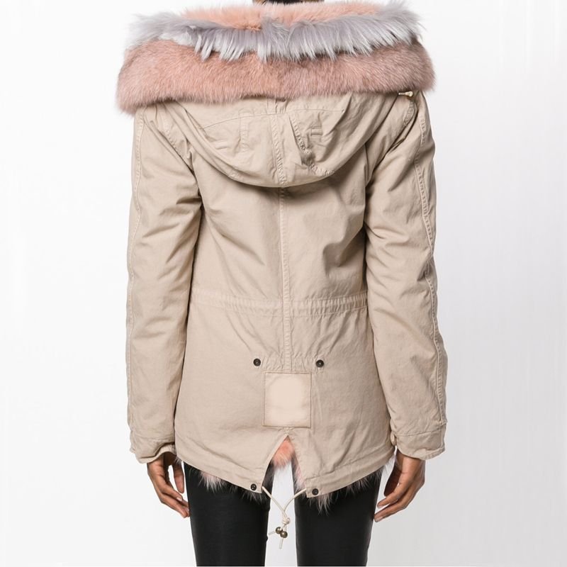 画像7: Woman's Raccoon Fox Fur Collar Zipper Hooded  Coat  ニューカラー リアルファーフード&ライナー付ミリタリーモッズコート (7)