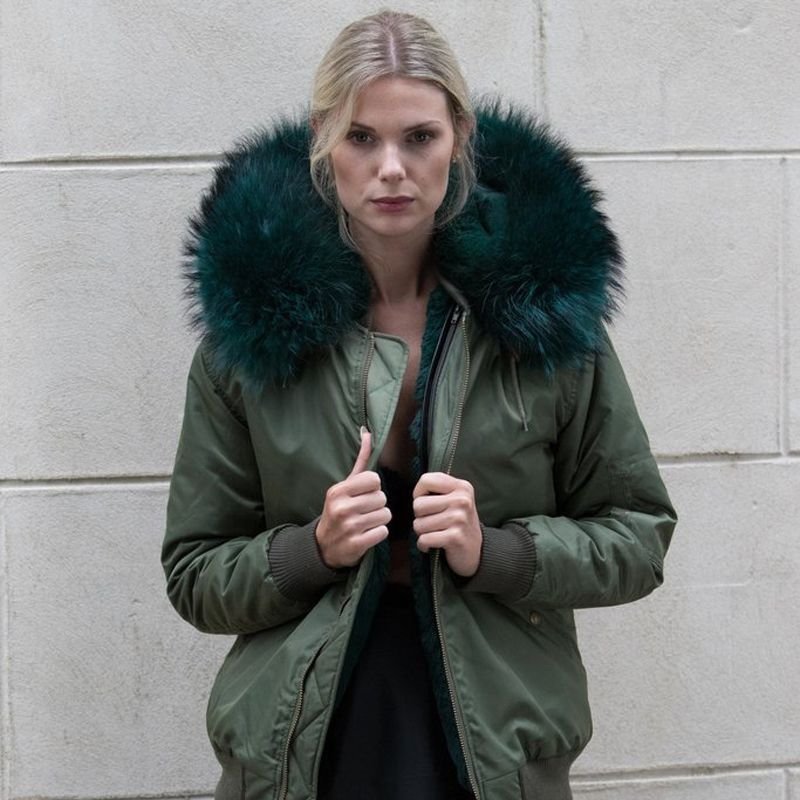 画像10: Woman's Real Fox Fur Liner  Collar Zipper Hooded  Coat Bomber Coat Army Windproof Jacket ニューカラー リアルファーフード付MA-1ジャンバーブルゾンジャケット (10)