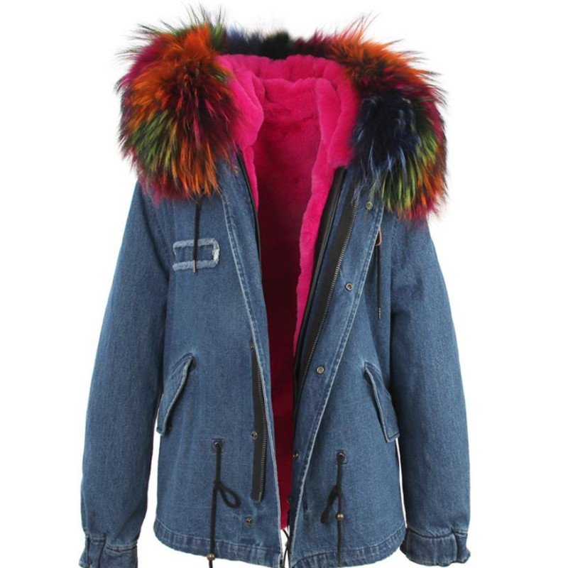 画像6: Fox Fur Collar Zipper Hooded Women Denim Coat デニム リアルファーフードライナーモッズコート ジャケット (6)