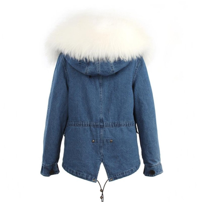 画像7: Fox Fur Collar Zipper Hooded Women Denim Coat デニム リアルファーフードライナーモッズコート ジャケット (7)
