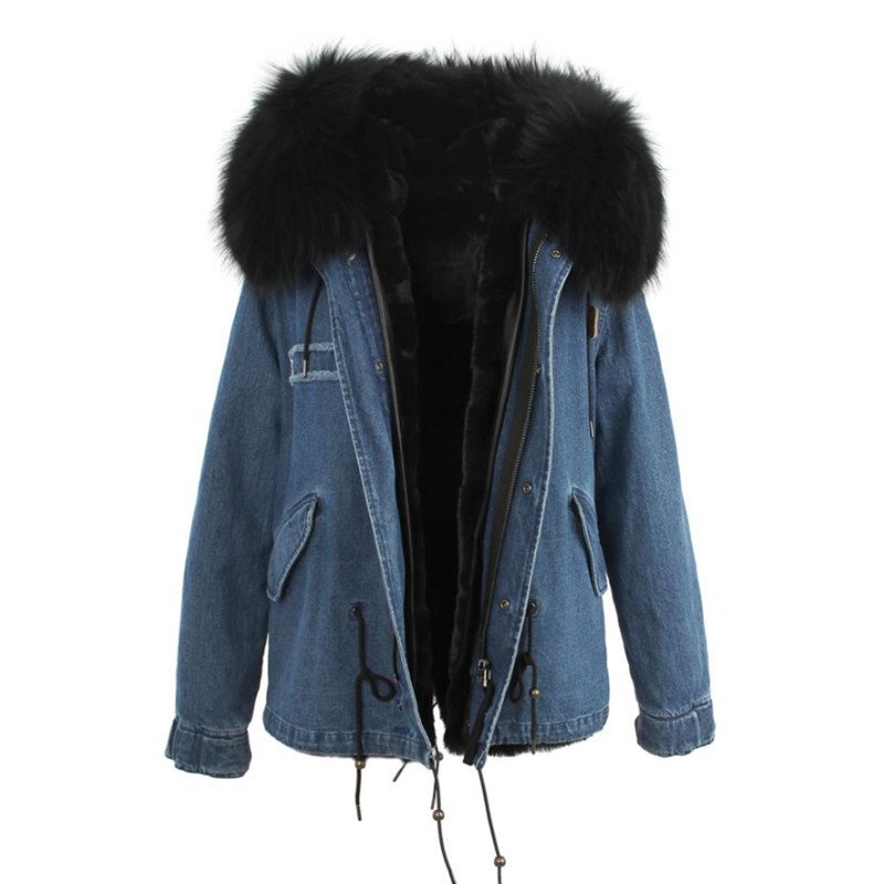 画像4: Fox Fur Collar Zipper Hooded Women Denim Coat デニム リアルファーフードライナーモッズコート ジャケット (4)