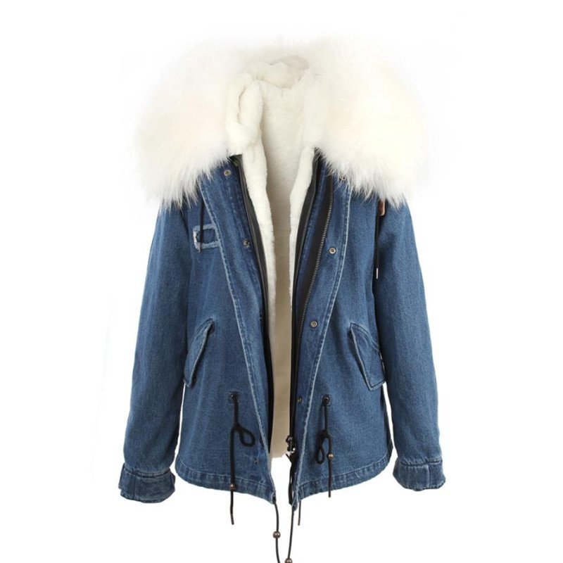 画像5: Fox Fur Collar Zipper Hooded Women Denim Coat デニム リアルファーフードライナーモッズコート ジャケット (5)