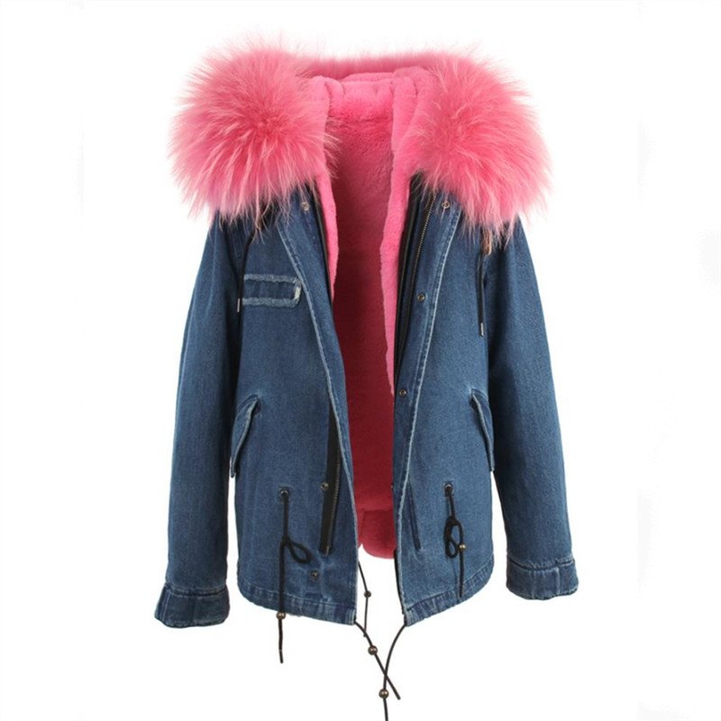 画像2: Fox Fur Collar Zipper Hooded Women Denim Coat デニム リアルファーフードライナーモッズコート ジャケット (2)