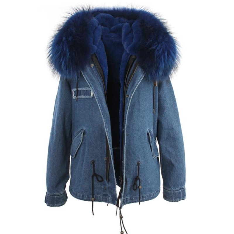 画像3: Fox Fur Collar Zipper Hooded Women Denim Coat デニム リアルファーフードライナーモッズコート ジャケット (3)