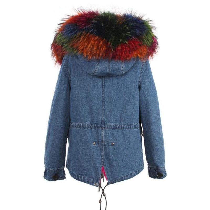 画像8: Fox Fur Collar Zipper Hooded Women Denim Coat デニム リアルファーフードライナーモッズコート ジャケット (8)