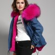 画像1: Fox Fur Collar Zipper Hooded Women Denim Coat　デニム リアルファーフードライナーモッズコート　ジャケット (1)