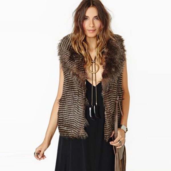 画像1: Women's fashion stripes sleeveless lapel imitation fur vest フェイクファーベスト　ジレ　プラスサイズあり (1)