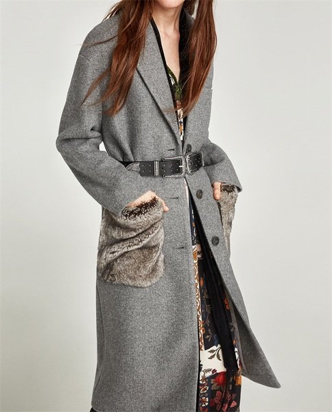画像1: Women's Fur Pocket Slim Long Coat　ポッケトファーがポイントのロングコート　ジャケット (1)
