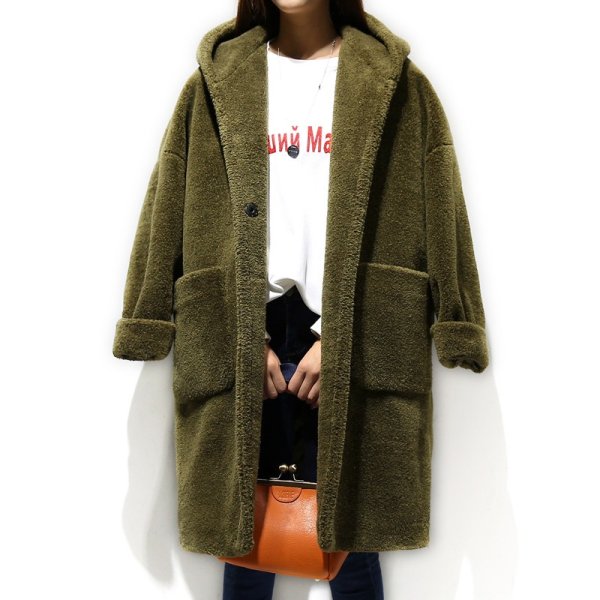 画像1: women's Lamb Wool Hooded Woolen casual Coat ラムウールフーディーロングコート ジャケット　 (1)