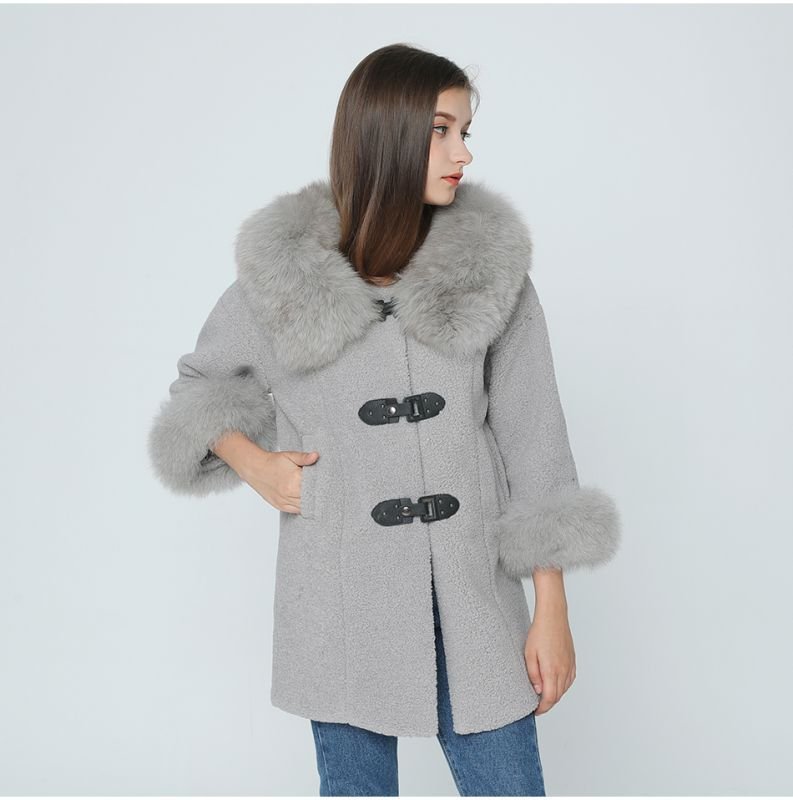 画像5: women's real fox fur loose overcoatJackets  coat リアルフォックスファー襟＆袖付きルーズスタイルコート　ジャケット (5)