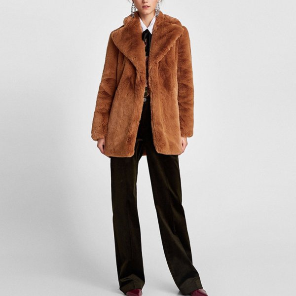 画像1: women's camel coat wool fur coat　フェイクファー　モコモコラペルコート (1)