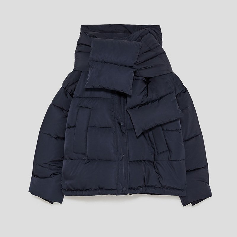 画像8: women's quilted black scarf decorative stitching short black bread Jacket blousonキルティングステッチ マフラーダウンジャケット　ブルゾンコート (8)