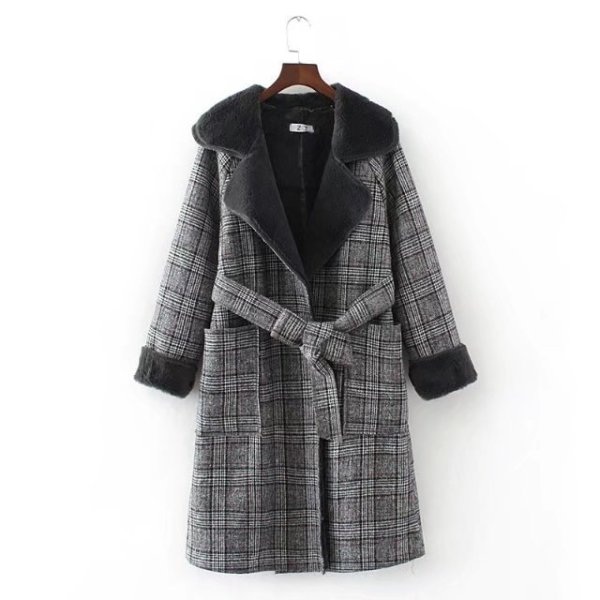 画像1: women's plaid plus long section with wool coatGlen check グレンチェック裏ボア付きロングコート (1)