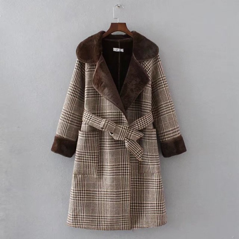 画像2: women's plaid plus long section with wool coatGlen check グレンチェック裏ボア付きロングコート (2)