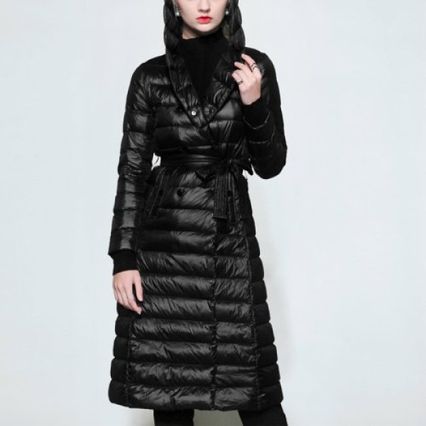 画像1: women's  temperament hooded waist tie long section of black light down jacket ブラックフーディーダウンロングコート　ジャケット　プラス大きなサイズあり (1)