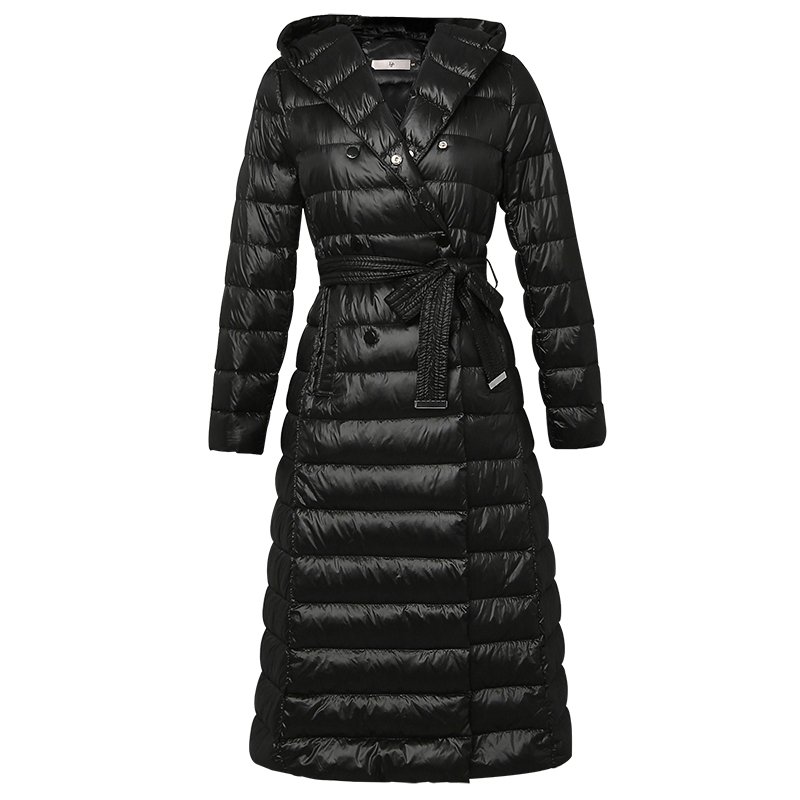 画像2: women's  temperament hooded waist tie long section of black light down jacket ブラックフーディーダウンロングコート ジャケット プラス大きなサイズあり (2)