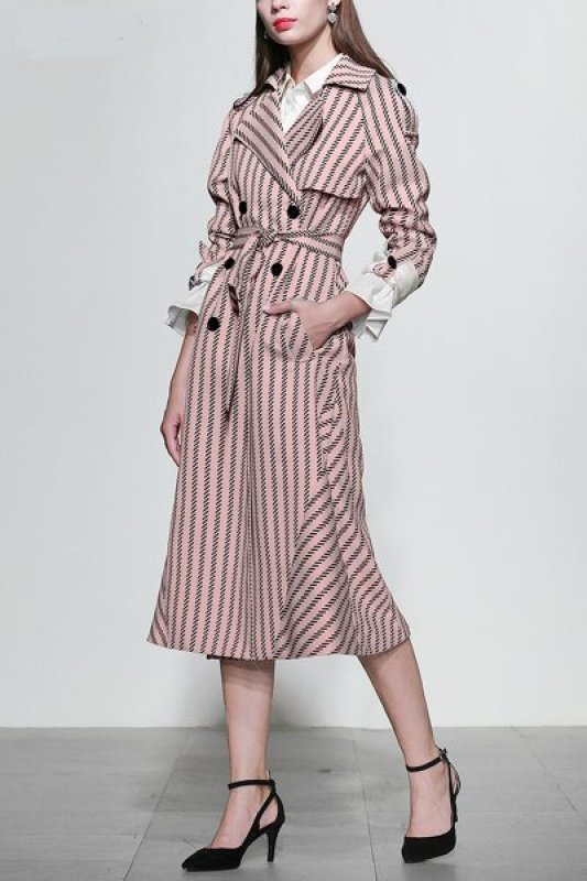 画像3: women's British wind retro Slim  long coat  ストライプスリムロングスプリングコート　ウインドブレーカー (3)