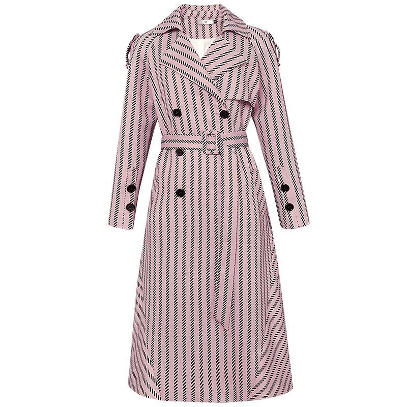 画像1: women's British wind retro Slim  long coat  ストライプスリムロングスプリングコート　ウインドブレーカー (1)