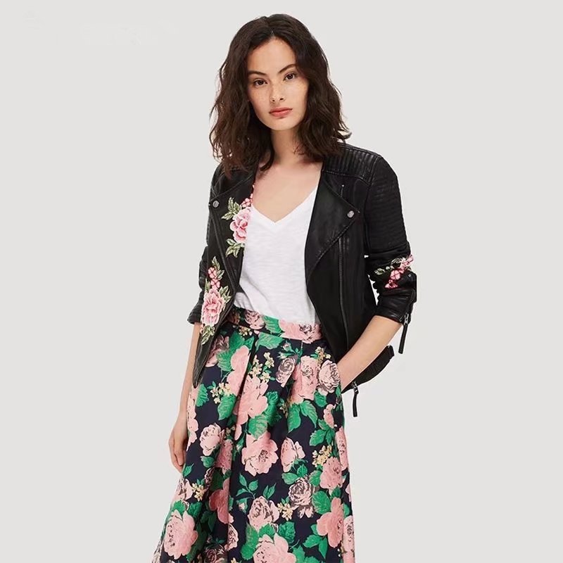 花とギター　花柄　レザーライダース Unisex Faux Flower Riders Jacket フェイクレザーフラワー花柄