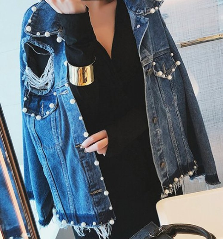 画像2: women'sloose beads beaded denim jacket   パール付ルーズダメージGジャケット　コート (2)