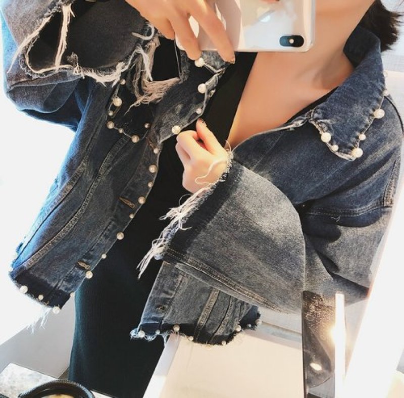 画像3: women'sloose beads beaded denim jacket   パール付ルーズダメージGジャケット　コート (3)